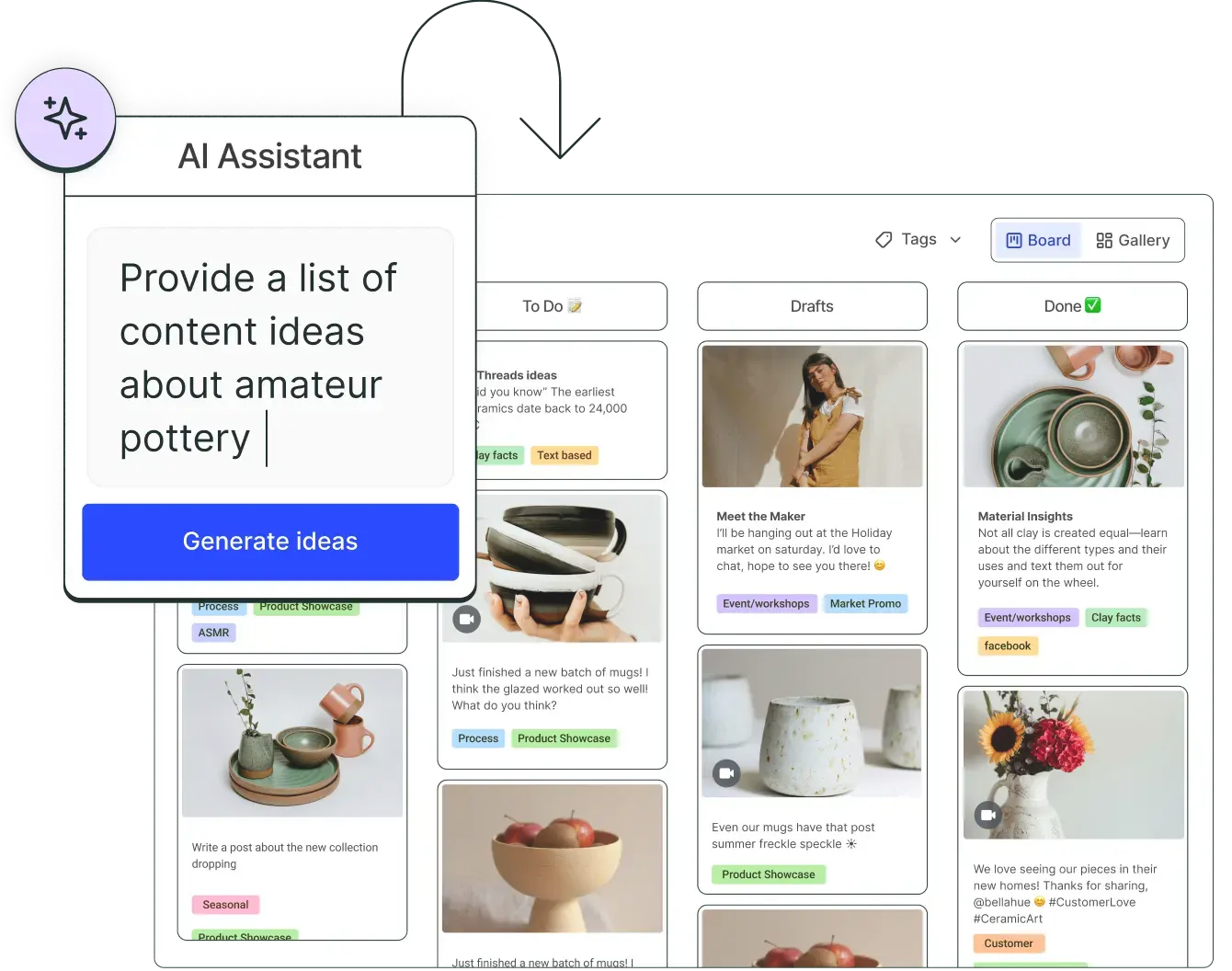 no1offers Create board with columns to organize ideas and an AI Assistant to generate ideas.